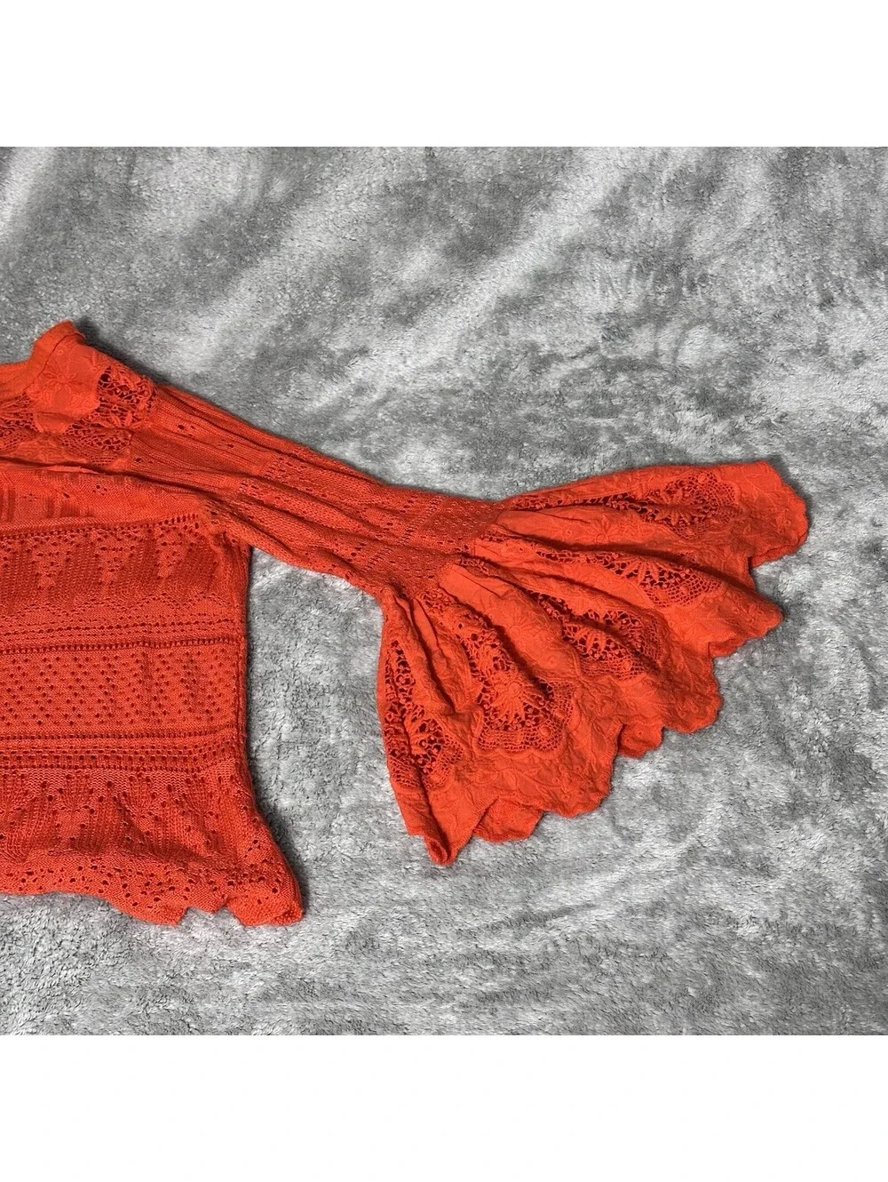 Free People Once Upon A Time Top Womens LG Orange Crochet Bell Sleeve Linen